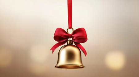 A beautiful golden Christmas bell hangs elegantly with a red bow. The soft background enhances its festive charm, perfect for holiday decor and celebration.の素材