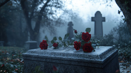 A serene cemetery scene featuring red roses delicately resting on a gravestone. Fog envelops the area, creating an atmosphere of peaceful mourning and reflection.の素材