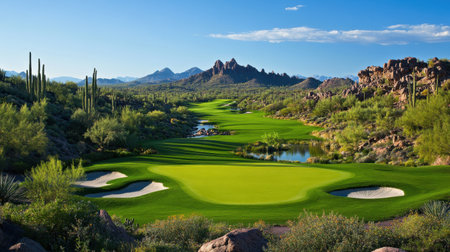 Majestic view of a serene golf course set in a desert landscape, featuring vibrant green grass, water features, and rocky mountains under a bright blue sky. Perfect for relaxation.の素材
