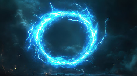 A captivating electric blue lightning portal is set against a dark and stormy sky, creating a dramatic and mystical atmosphere perfect for fantasy themes.の素材