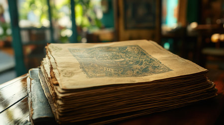 A close-up view of a stack of antique artwork on vintage paper resting on a weathered wooden table, showcasing intricate designs and textures that evoke nostalgia and cultural history.の素材