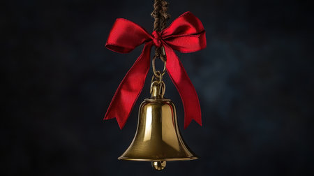A stunning golden bell adorned with a vibrant red ribbon, suspended against a dark backdrop. This exquisite image captures the charm and elegance of festive decor, perfect for seasonal themes.の素材