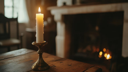 A serene scene featuring a lit candle atop a vintage holder, casting a warm glow in a cozy room. Simple yet elegant, this image embodies tranquility and inviting ambiance.の素材