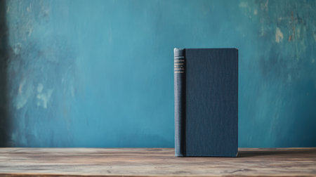 Minimalist blank book cover displayed upright on a warm wooden surface, juxtaposed with a calm, blue-toned backgroundの素材