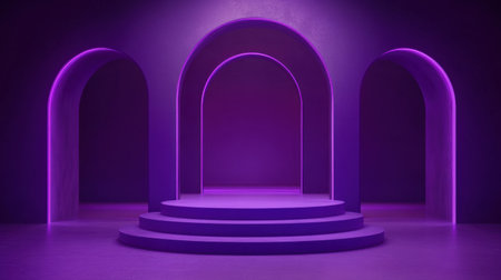 Stunning purple backdrop featuring elegant arches and a podium, perfect for presentations and creative displays. Ideal for modern design and artistic projects.の素材