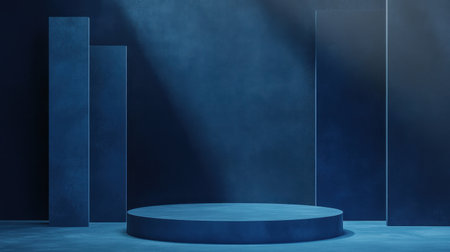 A captivating blue minimalist stage with an abstract backdrop creates an inviting atmosphere. Dramatic lighting enhances the texture and depth of the scene.の素材