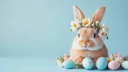 An adorable bunny wearing a floral crown surrounded by pastel Easter eggs creates a cheerful spring scene. Perfect for celebrating the holiday spirit!の素材