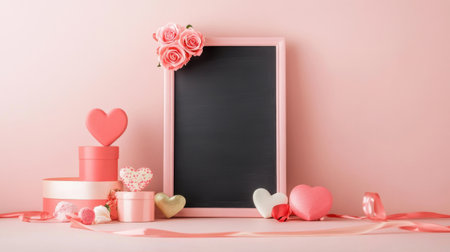 A charming romantic setup featuring a pink chalkboard framed by lovely roses, hearts, gifts, and ribbons to create a perfect Valentine's Day backdrop.の素材