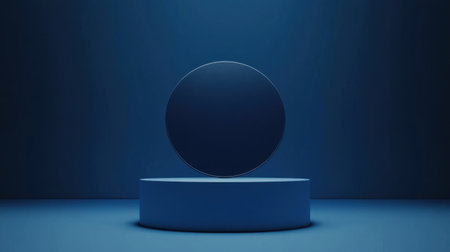 This image features a minimalistic display with a floating circular object against a deep blue background, showcasing modern design and artistic elegance in a studio setting.の素材