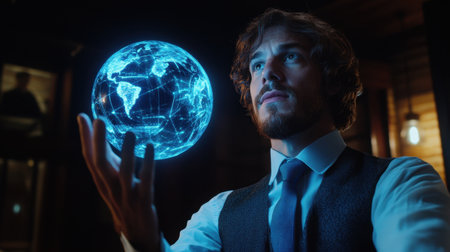 A focused man interacts with a holographic globe, symbolizing global connectivity and innovation in technology. The captivating scene emphasizes a modern, professional environment.の素材