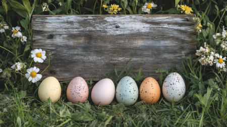 A charming arrangement of colorful Easter eggs rests on lush grass, accompanied by wildflowers and an aged wooden board, embodying the essence of spring celebrations.の素材