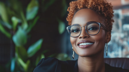 A confident businesswoman smiles warmly in a modern office setting, showcasing her elegance and professional demeanor. The vibrant greenery adds a refreshing touch.の素材