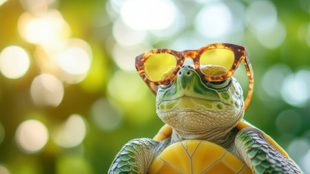 A charming turtle dons stylish sunglasses, embodying a fun spirit amidst a vibrant, natural background. Perfect for themes of relaxation and playful wildlife.の素材