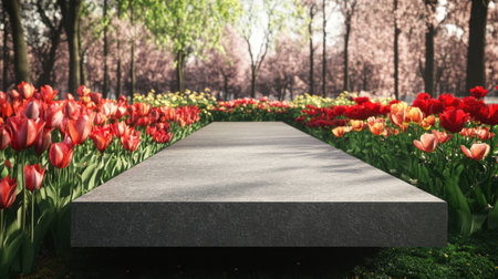 A beautiful pathway flanked by colorful tulips creates a serene atmosphere. Perfect for capturing the essence of spring, this vibrant scene invites relaxation and exploration in a blooming garden.の素材