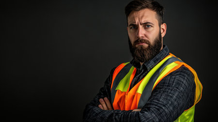 A confident male worker poses in a high visibility vest against a dark background. His serious expression conveys a strong sense of professionalism and commitment to safety.の素材