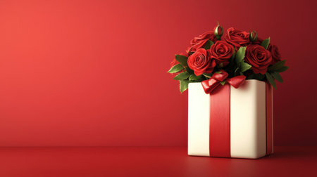 A stunning arrangement of red roses in a gift box, beautifully wrapped with a ribbon, set against a vibrant red background, perfect for celebrations and romantic occasions.の素材
