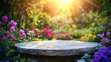 A picturesque garden scene featuring a stone table nestled among colorful flowers, illuminated by warm sunlight, creating a serene outdoor ambiance.の素材