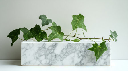 This image features a beautiful green ivy plant gracefully resting in a sleek marble planter, showcasing a harmonious blend of nature and modern design.の素材