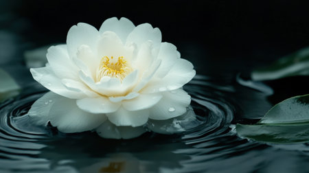 A stunning white flower with a yellow center gracefully floats on a dark water surface, surrounded by gentle ripples and lush green leaves, capturing serenity and beauty.の素材