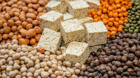 This vibrant arrangement features assorted nuts, seeds, and fresh tofu cubes, creating a colorful and nutritious display perfect for healthy meal preparation.の素材
