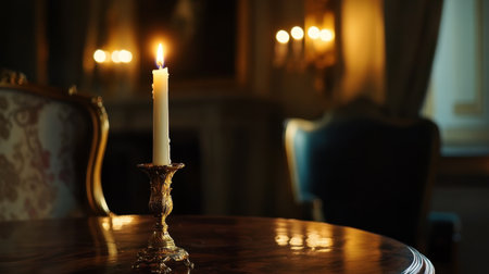 A solitary candle stands elegantly on a wooden table, illuminating a vintage room. The soft lighting creates a warm and cozy atmosphere, perfect for any tranquil setting.の素材