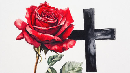 This beautiful illustration showcases a vivid red rose alongside a bold black cross, representing love and loss. The watercolor style emphasizes emotional depth and artistic flair.の素材