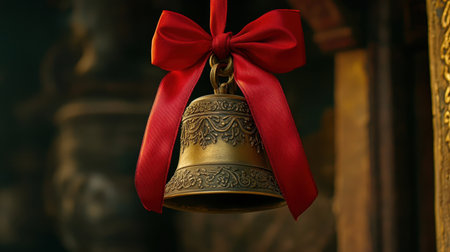 This captivating image features an ornate bronze bell adorned with a vibrant red ribbon bow, hanging elegantly in a serene temple setting. Ideal for themed projects.の素材