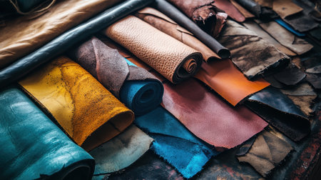 A vivid array of textured leather sheets in various colors and finishes, showcasing the unique characteristics of each piece. Ideal for crafting and design.の素材