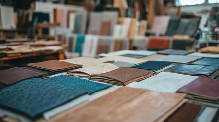 Explore a vibrant collection of diverse leather hides displayed in a workshop. The variety of textures and colors showcases craftsmanship and inspires design creativity.の素材
