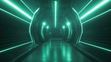 A captivating futuristic tunnel illuminated by vibrant neon lights. The sleek design and reflections create a mysterious ambiance perfect for sci-fi themes.の素材