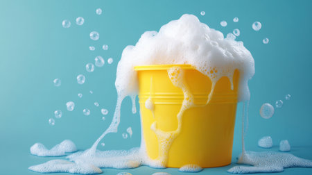 A vibrant yellow bucket overflowing with white bubbles against a soft blue background, symbolizing cleanliness, freshness, and joy in a playful setting.の素材