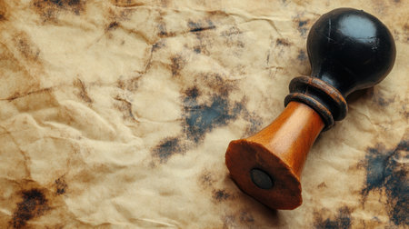 A vintage wax seal stamp rests on old aged paper, showcasing rustic texture and timeless elegance perfect for various creative projects and designs.の素材