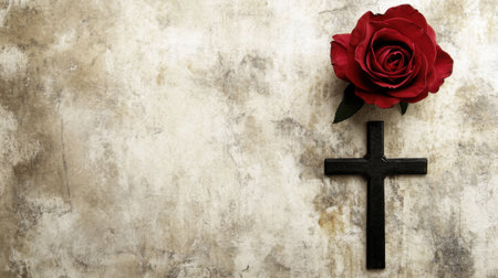 A striking black cross paired with a vibrant red rose against a vintage textured background. This image symbolizes faith, love, and remembrance, ideal for various themes.の素材