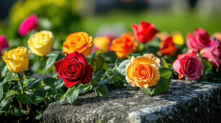 A breathtaking display of vibrant garden roses captures the essence of beauty. These colorful blooms stand out against a soft stone backdrop, embodying the elegance of nature.の素材