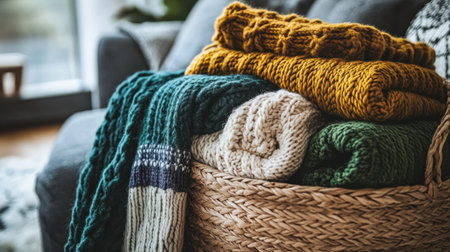 A serene arrangement of cozy knitted blankets in a stylish woven basket, ideal for enhancing home decor and providing warmth and comfort during chilly days.の素材