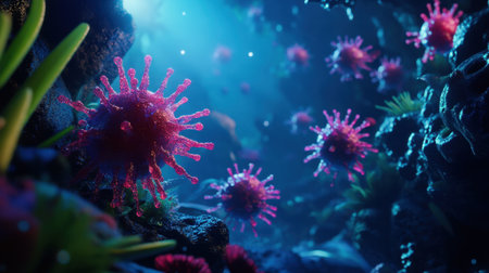 Explore a stunning underwater scene featuring vibrant microorganisms among coral. This captivating image showcases the beauty and diversity of marine life in rich detail.の素材