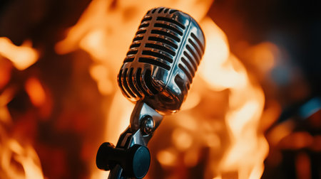 A vintage microphone emerges against a backdrop of vibrant flames, capturing the essence of music and fire, ideal for creative projects and event promotions.の素材