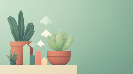 A serene and aesthetic indoor scene featuring stylish plants and geometric shapes, creating a modern and minimalistic atmosphere perfect for home decor and relaxation.の素材