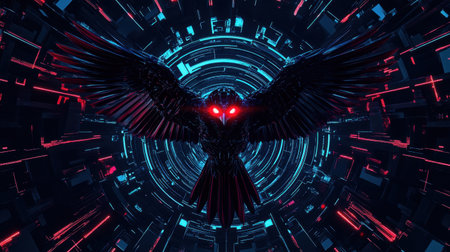 A striking digital artwork of an owl with an intense glow in a high-tech background, symbolizing the fusion of nature and technology in a captivating visual experience.の素材
