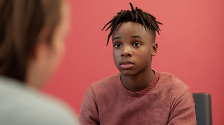 A thoughtful boy engages in a conversation, displaying curiosity and emotion in a modern setting, capturing a heartfelt moment of communication and connection.の素材