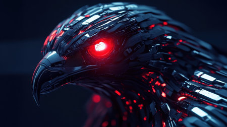 This striking image showcases a cybernetic hawk with metallic features and glowing red eyes, symbolizing the intersection of nature and advanced technology in a dramatic setting.の素材