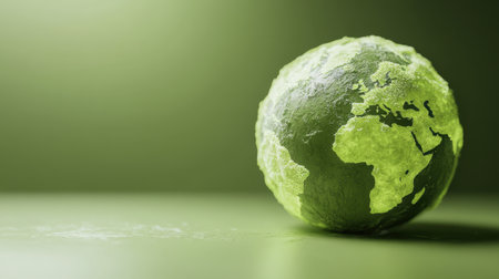 A vibrant green globe featuring a map design, set against a subtle green background, symbolizing sustainability and the importance of environmental consciousness.の素材
