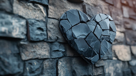 This captivating image showcases a heart shaped structure crafted from dark slate stones, beautifully mounted on a rustic stone wall, ideal for home decor and artistic inspirations.の素材