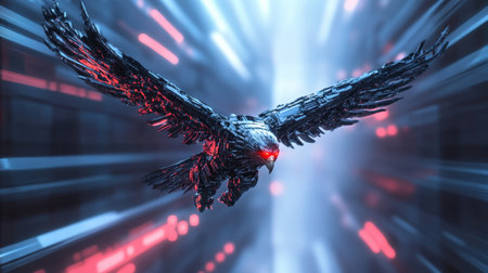 A striking image of a cybernetic eagle soaring through a vibrant, neon digital landscape. The design highlights the fusion of technology and nature, creating a stunning visual experience.の素材