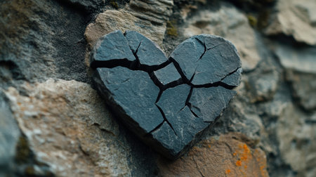 This image features a cracked heart made of stone set against a textured wall, symbolizing love's fragility and resilience, suitable for emotional and relationship-focused themes.の素材