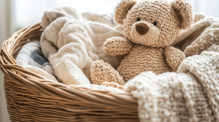 A charming teddy bear sits comfortably in a woven basket surrounded by soft, warm blankets, creating a cozy and inviting space perfect for a nursery or child's room.の素材