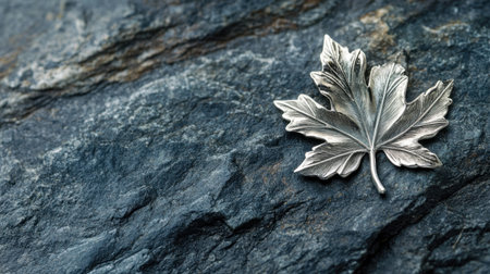 A beautifully crafted silver leaf rests on a textured dark slate surface, highlighting the details of nature and artistry, ideal for various creative projects and design inspirations.の素材