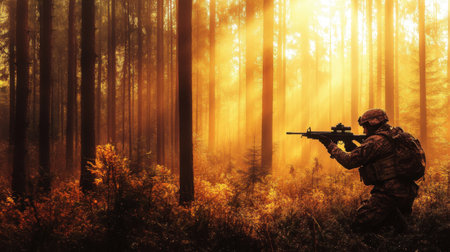 A soldier in a camouflage uniform crouches with a rifle in a serene forest, illuminated by graceful sunlight filtering through the tall trees, creating a peaceful atmosphere.の素材