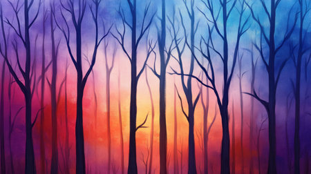 A captivating forest landscape featuring silhouetted trees against a vibrant twilight sky. The blend of colors creates a serene and dreamlike atmosphere ideal for creative projects.の素材
