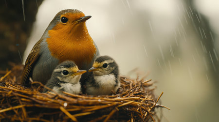 A beautiful scene of a mother bird tenderly caring for her two chicks in a nest, with raindrops gently falling, capturing the essence of nurturing in nature.の素材